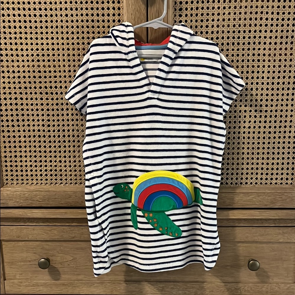 Mini Boden Navy and White Striped Hooded Towel with Sea Turtle